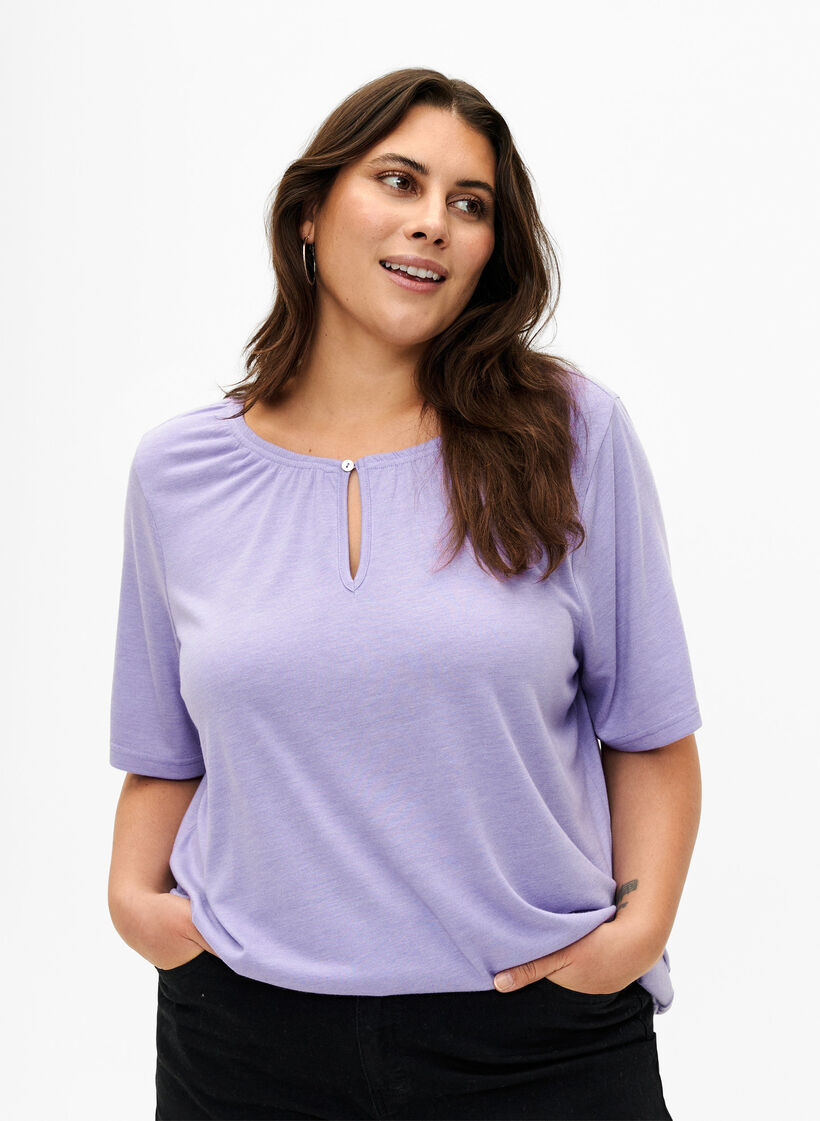 Melange blus med korta ärmar, Violet Tulip Mel., Model image number 0