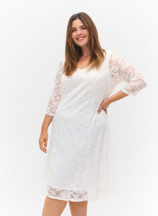 Spetsklänning med 3/4-ärmar, White, Model image number 0