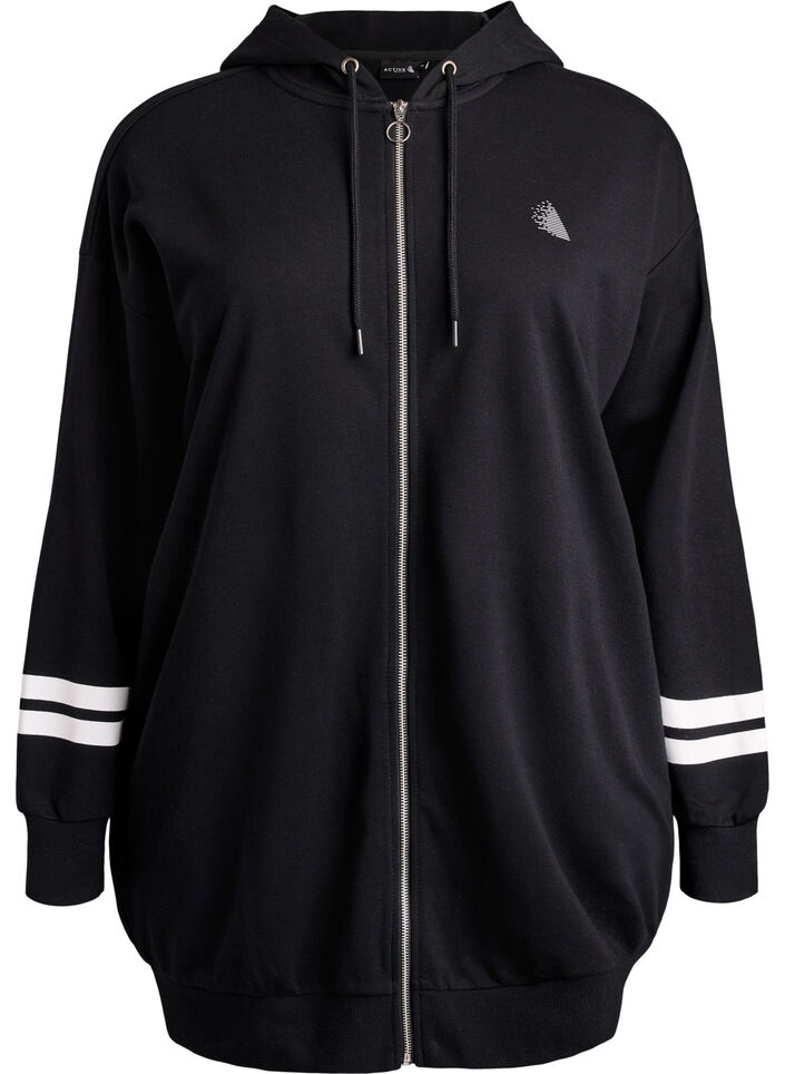 Lång sweatkofta med tryckta detaljer, Svart, Packshot image number 0