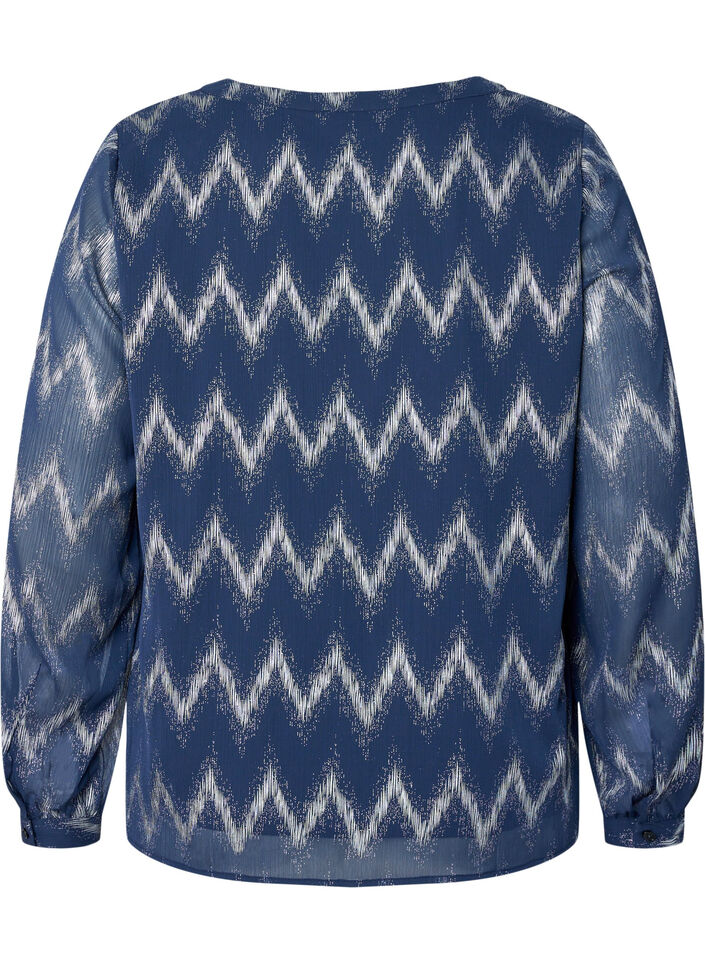 Blus med tryck och v-ringning, Bl&aring;, Packshot image number 1