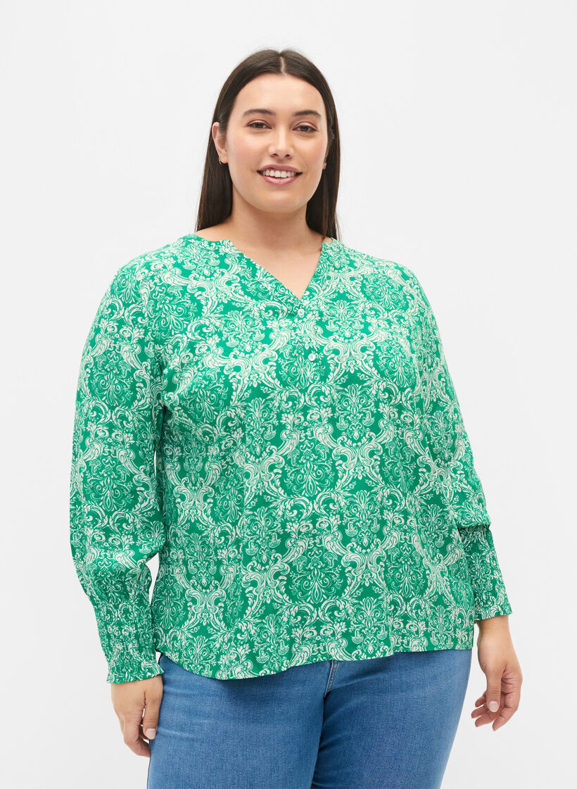 Mönstrad viskosblus med smock, Jolly Green Oriental, Model image number 0
