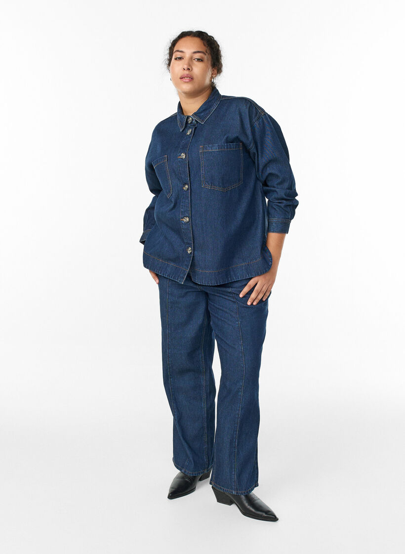 Lös skjorta i denim med bröstfickor, Blå, Model image number 1