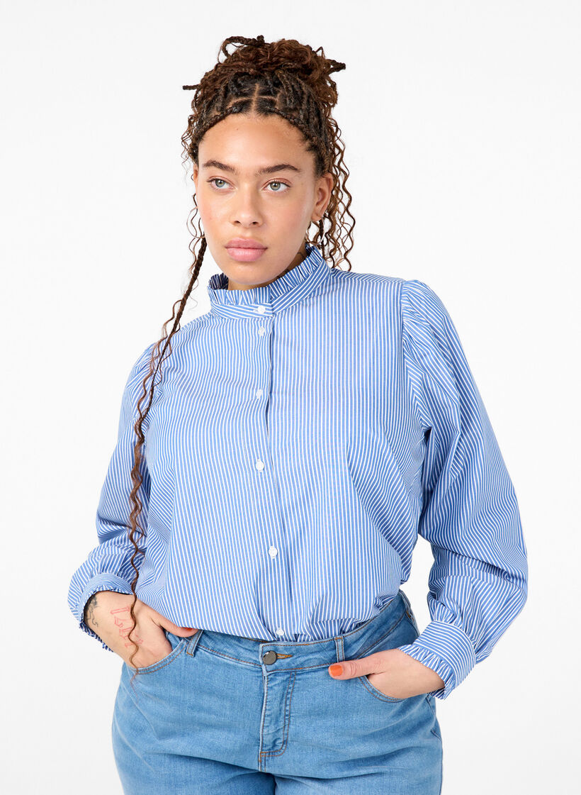 Randig skjortblus med volanger, Princess Blue W. St., Model image number 0