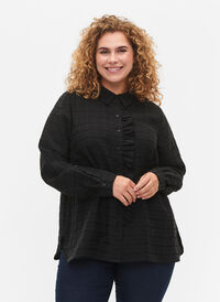 Skjorta med struktur och volanger, Black, Model