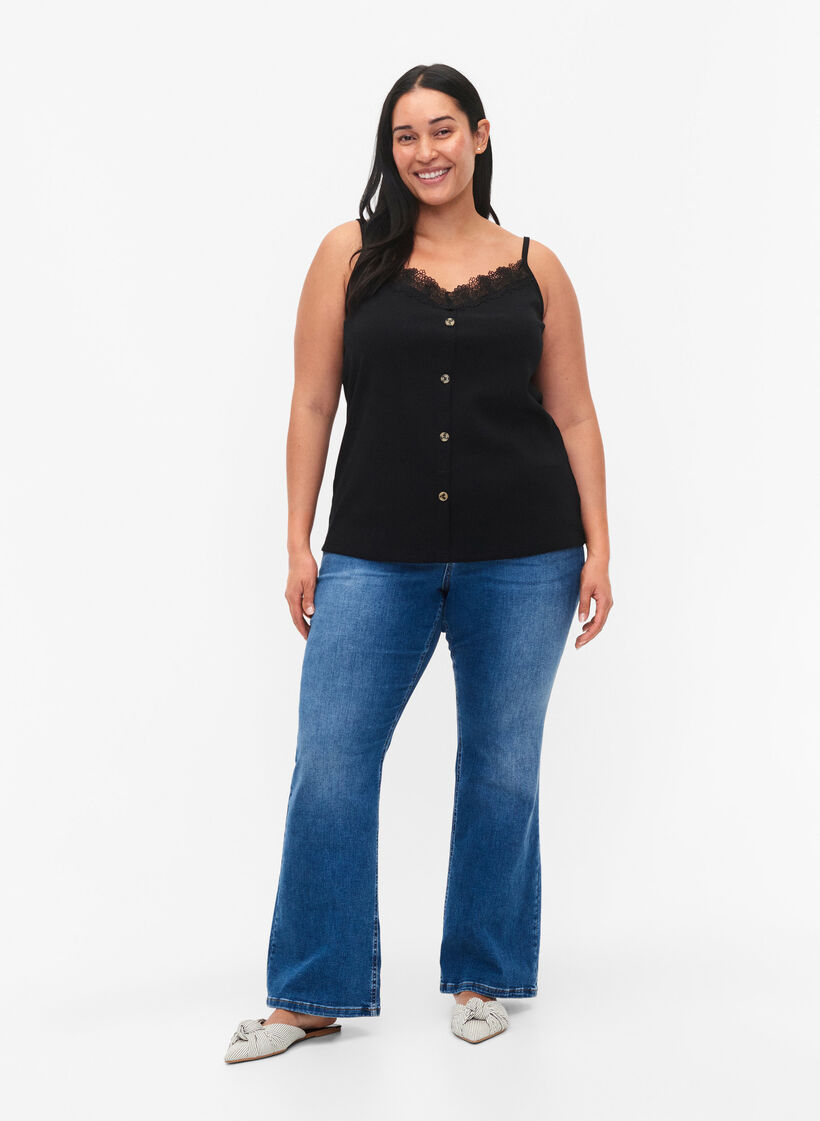 Topp med band och spetskant samt knappar, Black, Model image number 1