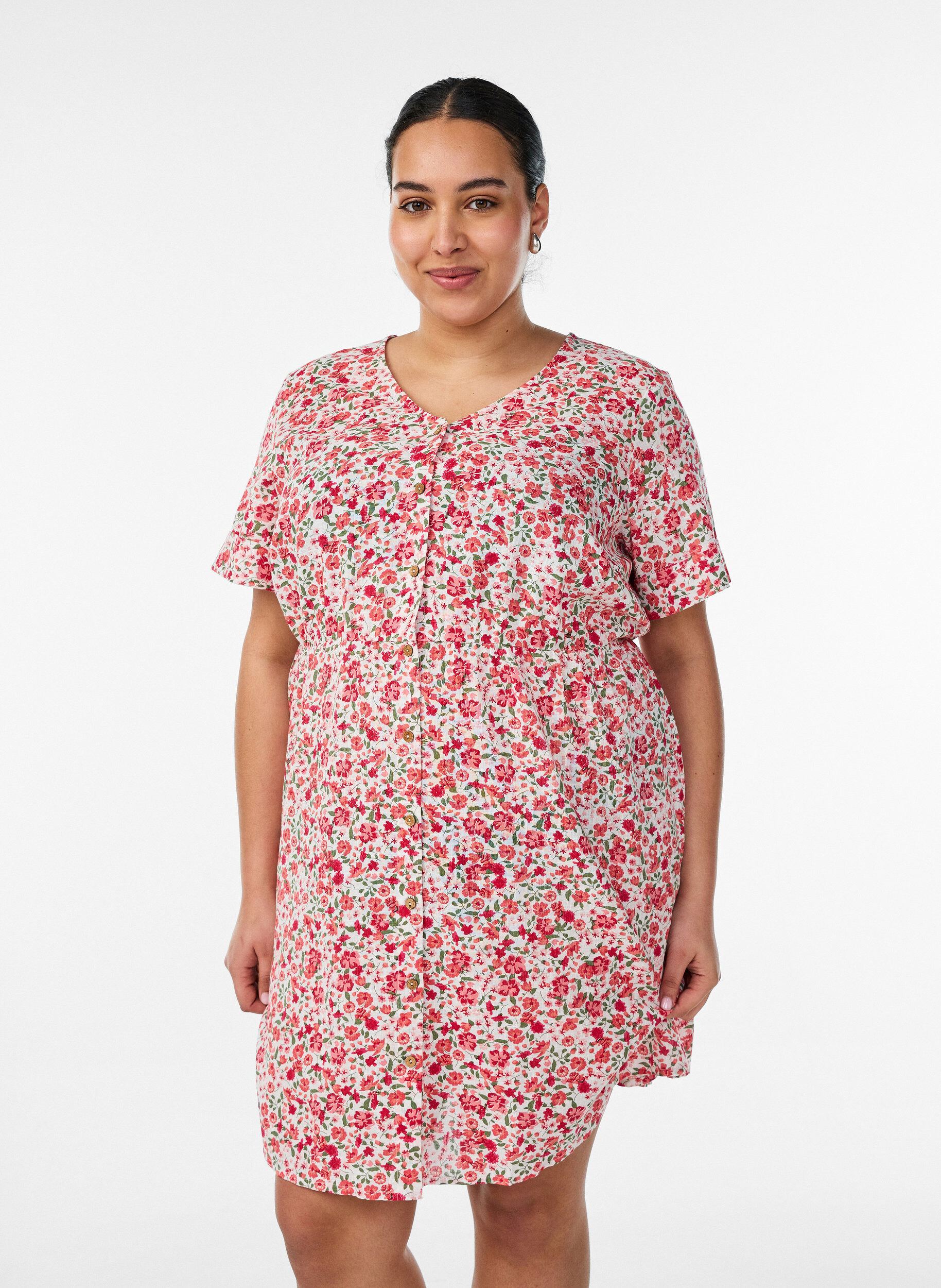 ZizziKort kl&auml;nning i bomull med blommigt m&ouml;nster, R&ouml;d, Model image number 0