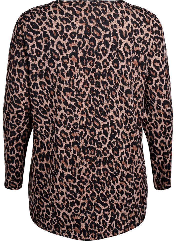 Leopardmönstrad blus med långa ärmar, Brun, Packshot image number 1