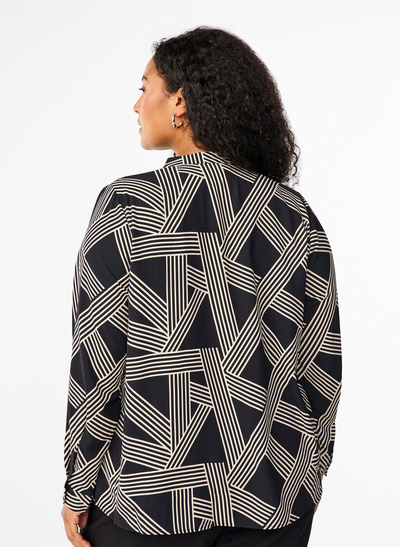 Långärmad skjortblus med V-ringning, BLACK BEIGE GRAPHIC, Model image number 1