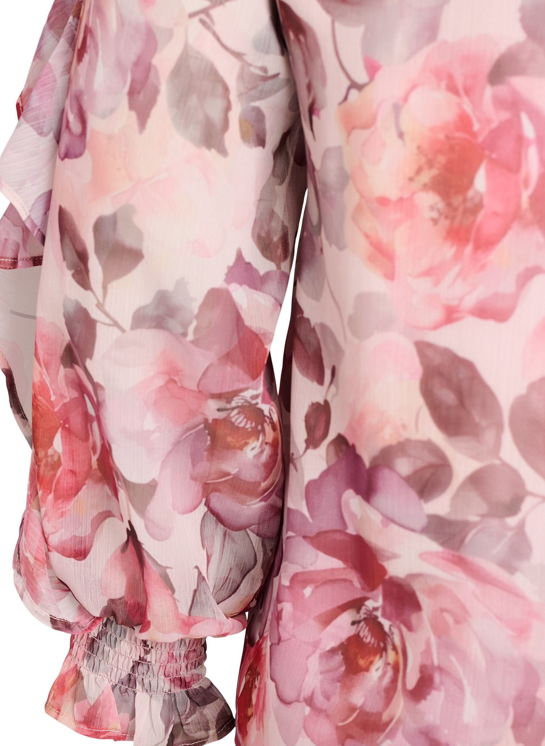 ZizziBlommig blus med v-ringning och volang&auml;rmar, Rosa, Packshot image number 3