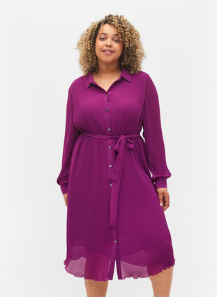 Plisserad skjortklänning med knytband, Grape Juice, Model image number 0