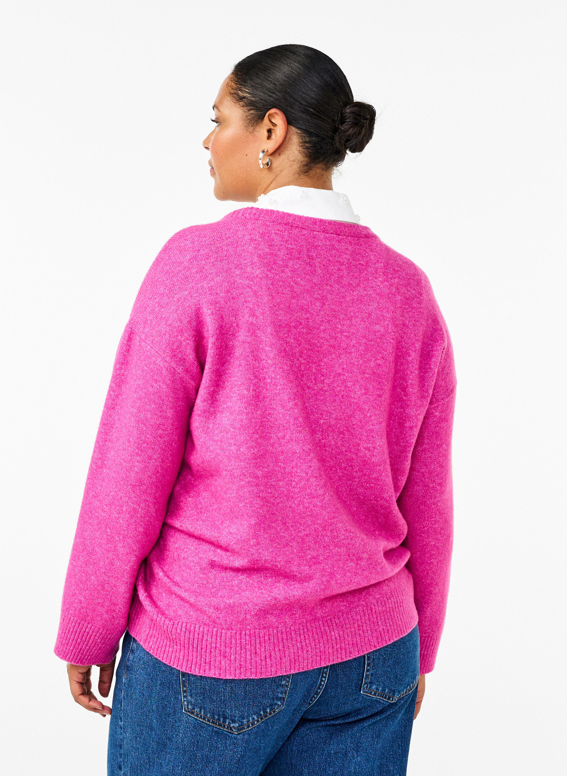 Zizzi Stickad blus med rund halsringning och mitts&ouml;m, Fuchsia Red Mel., Model image number 1