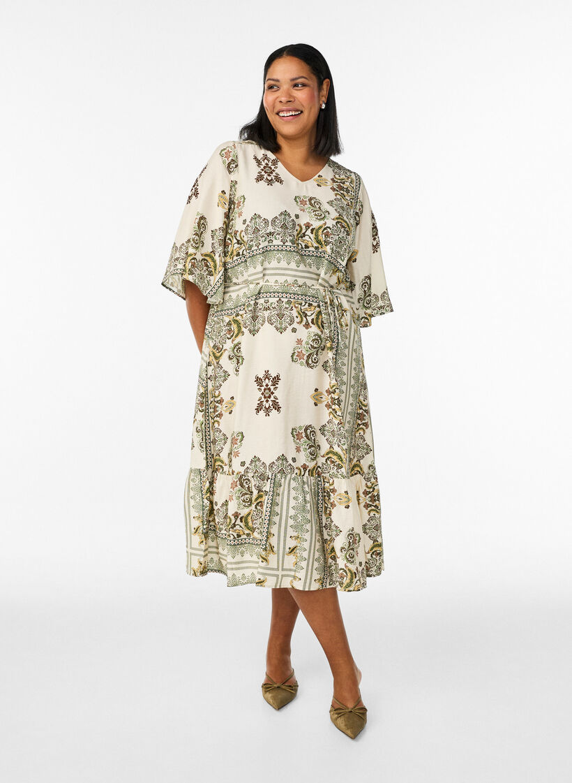 M&ouml;nstrad midikl&auml;nning i viskos med knytsk&auml;rp, Gr&ouml;n, Model image number 0