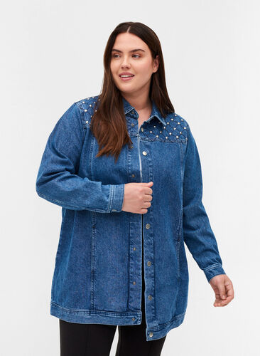 Jeansjacka i bomull med nitar, Blue denim ASS, Model image number 0