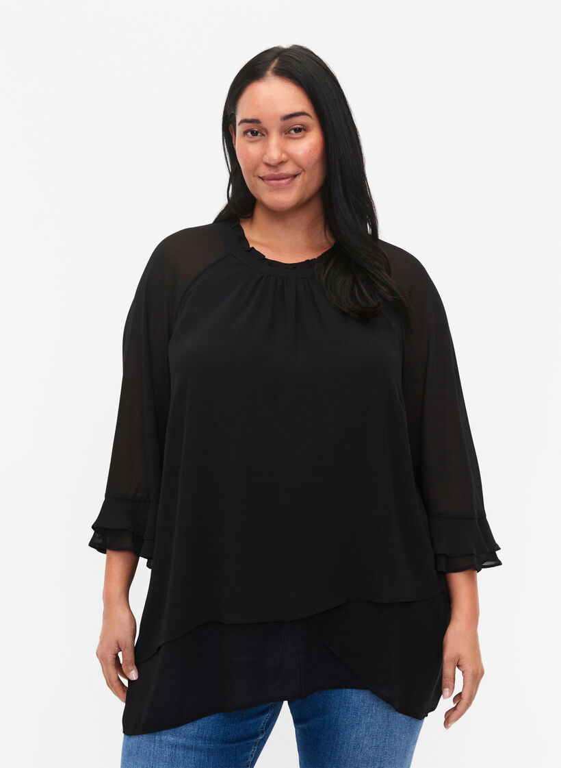 Blus med asymmetrisk fåll och 3/4-ärmar, Black, Model image number 0