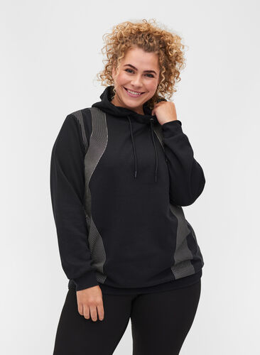Sweatshirt med huva och mönsterdetalj, Black, Model image number 0