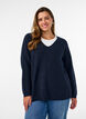 Stickad blus med v-ringning och raglan&auml;rmar, Bl&aring;, Model image number 0