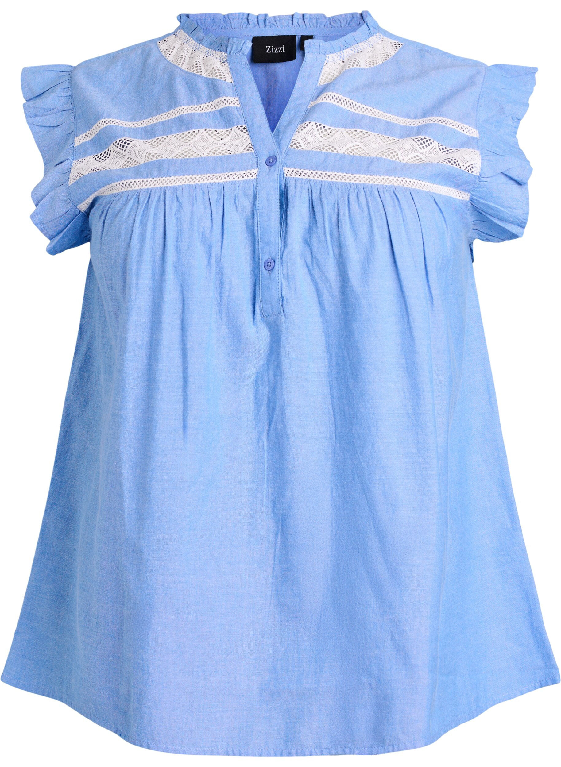 Zizzi&Auml;rml&ouml;s blus i bomull med volangkanter, Bl&aring;, Packshot image number 0