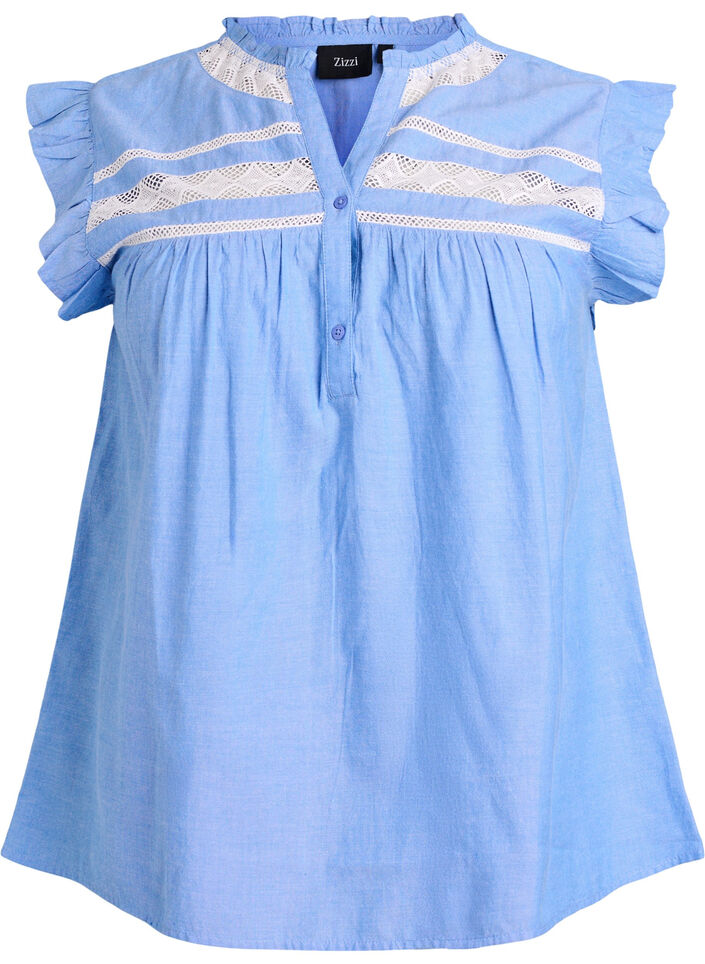 &Auml;rml&ouml;s blus i bomull med volangkanter, Bl&aring;, Packshot image number 0
