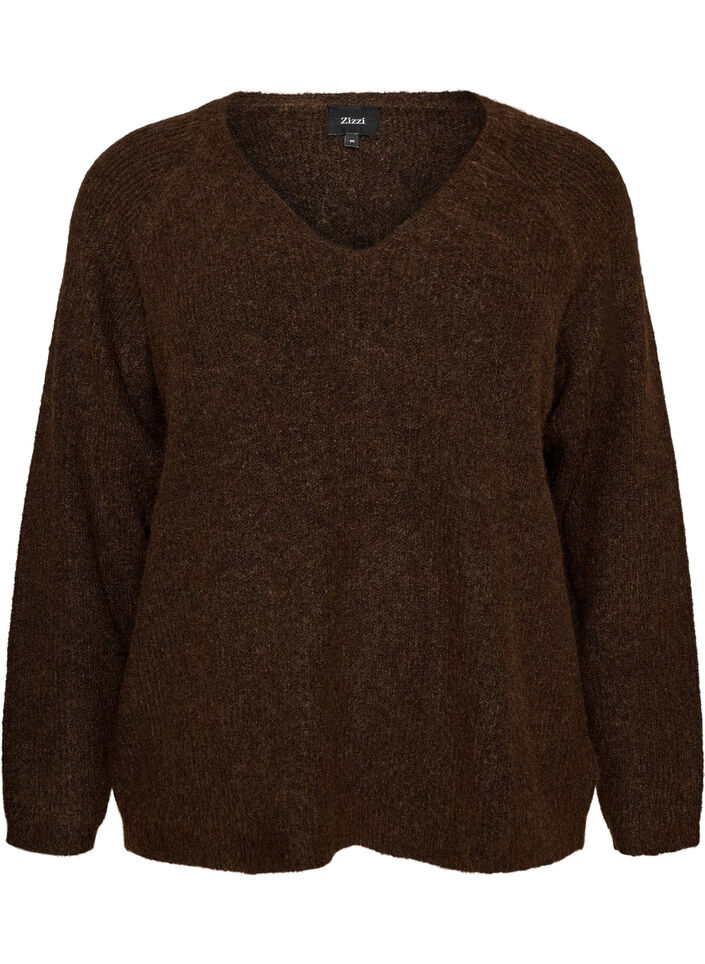 Stickad blus med v-ringning och raglan&auml;rmar, Brun, Packshot image number 0