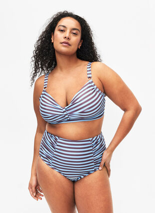 Bikinitrosa med hög midja och ränder, BlueBrown Stripe AOP, Model image number 0