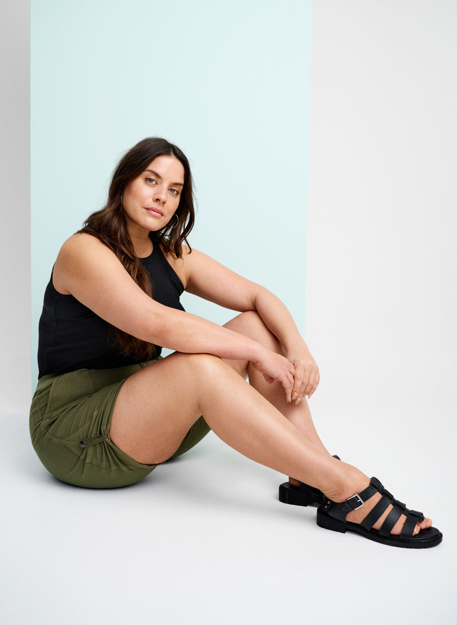 Zizzi L&ouml;sa shorts i bomull med fickor, Gr&ouml;n, Image image number 0