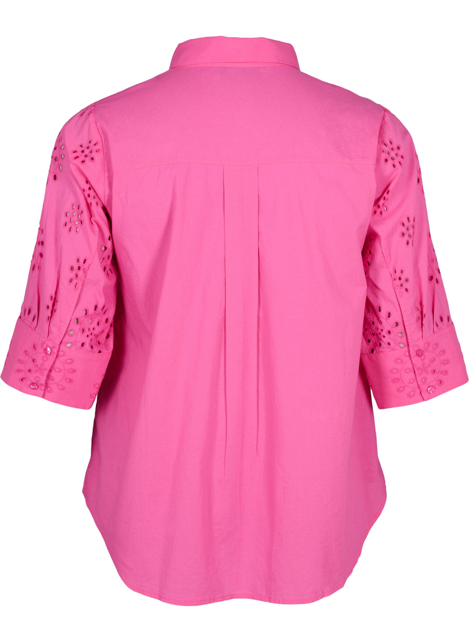 Zizzi Skjortblus med anglaise-broderier och trekvarts&auml;rmar, Raspberry Rose, Packshot image number 1