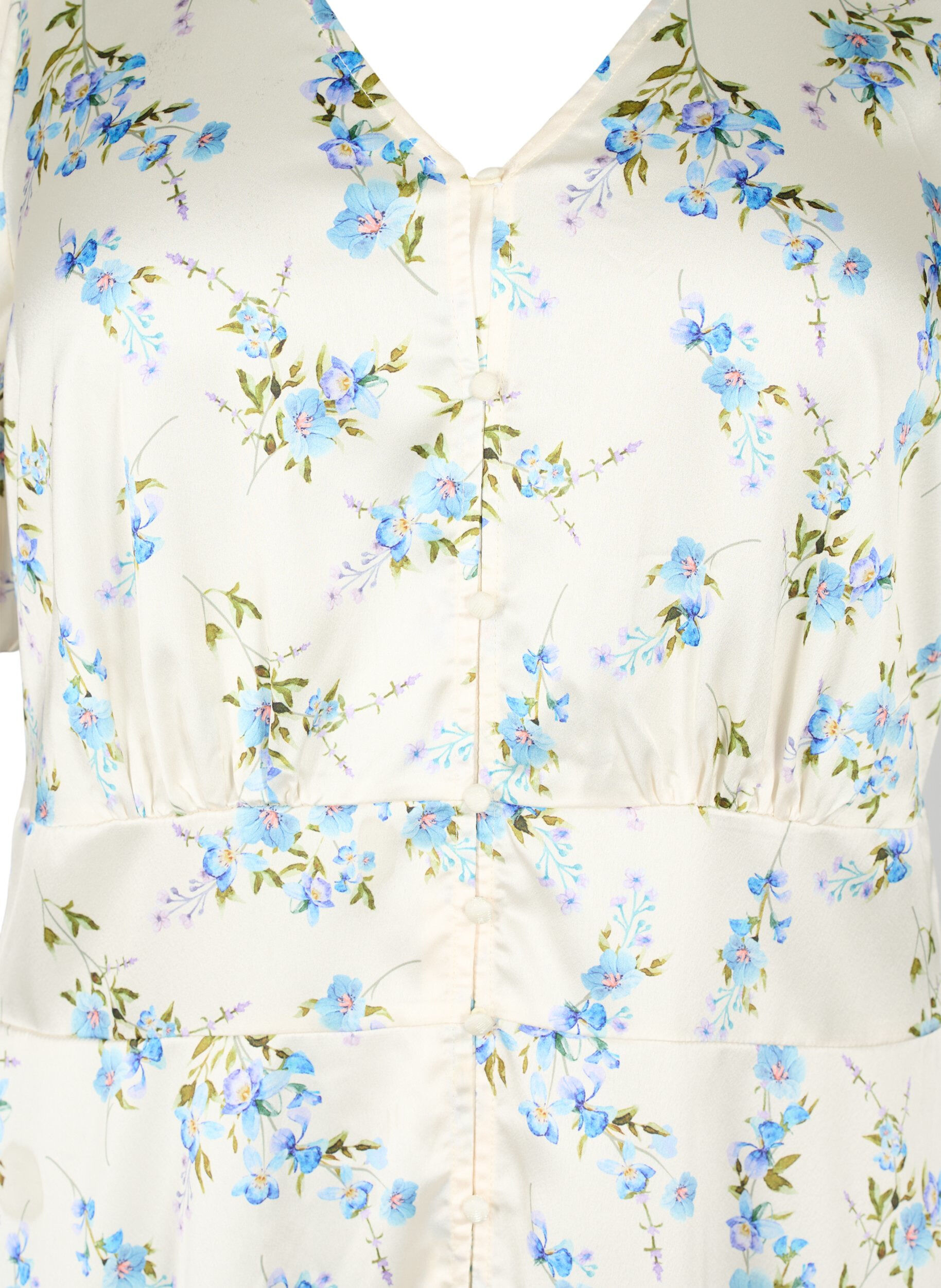 Zizzi Blommig satinkl&auml;nning med puff&auml;rmar, Off White Blue Fl., Packshot image number 2