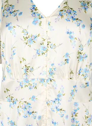 Blommig satinklänning med puffärmar, Off White Blue Fl., Packshot image number 2