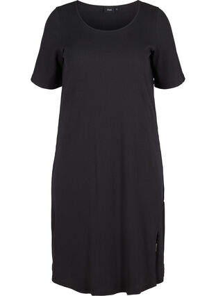 Ribbad klänning med korta ärmar, Black, Packshot image number 0