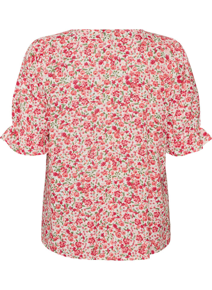 Blus i bomull med fyrkantig ringning, R&ouml;d, Packshot image number 1