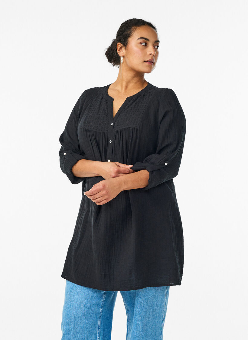 Tunika i bomullsmuslin med broderie anglaise, Svart, Model image number 0
