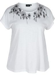 T-shirt i bomull med tryck längst upp, Bright White FLOWER