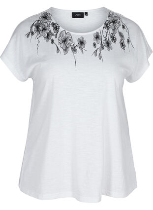 T-shirt i bomull med tryck längst upp, Bright White FLOWER, Packshot image number 0