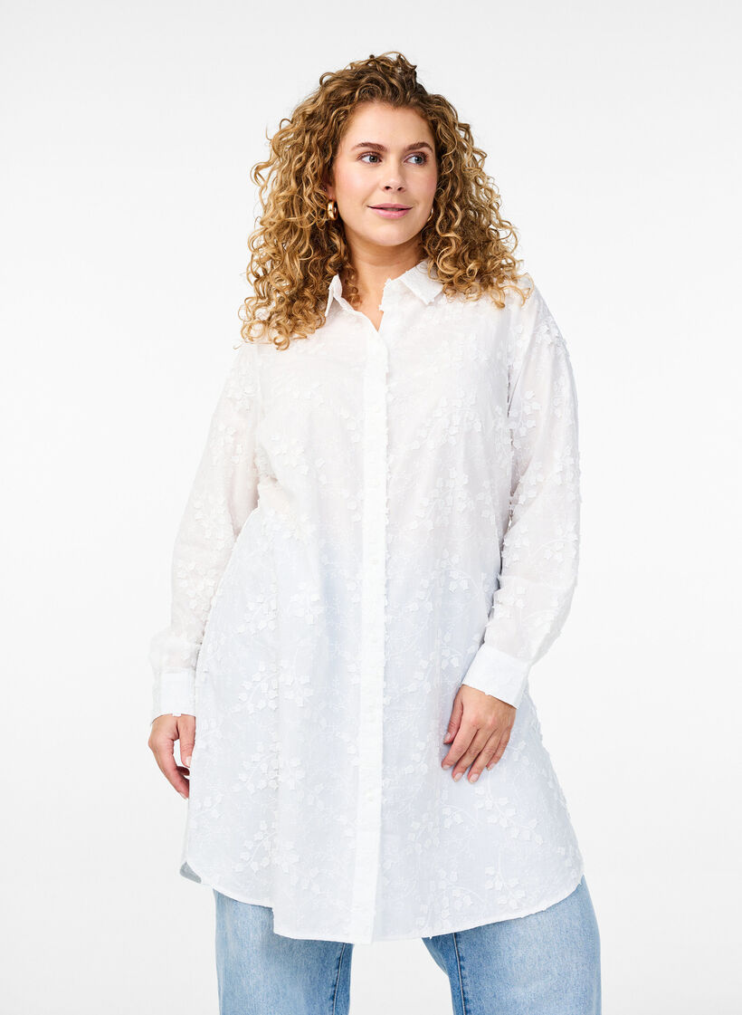 Skjortklänning med broderade blommor, Vit, Model image number 0