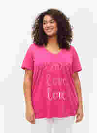 T-shirt i bomull med V-ringad hals och tryck, Fuchsia Purple Love, Model