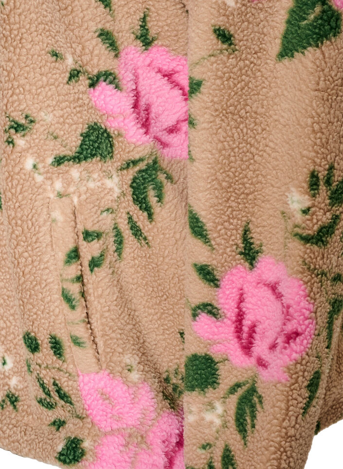 Blommig fleecejacka med h&ouml;g krage och dragkedja, Beige, Packshot image number 3