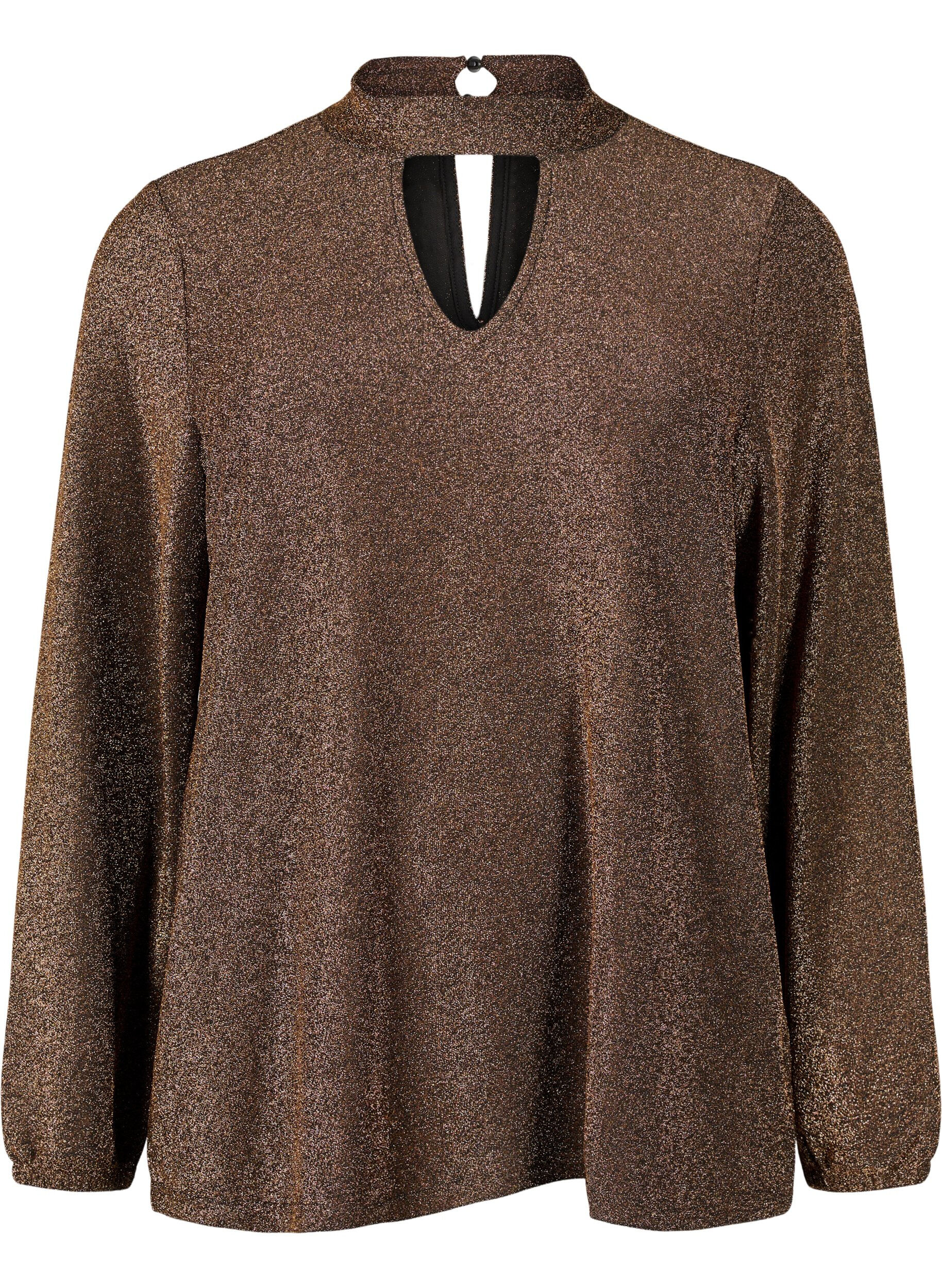 ZizziL&aring;ng&auml;rmad blus i glitter med rund halsringning och V-detalj, Black Copper, Packshot image number 0