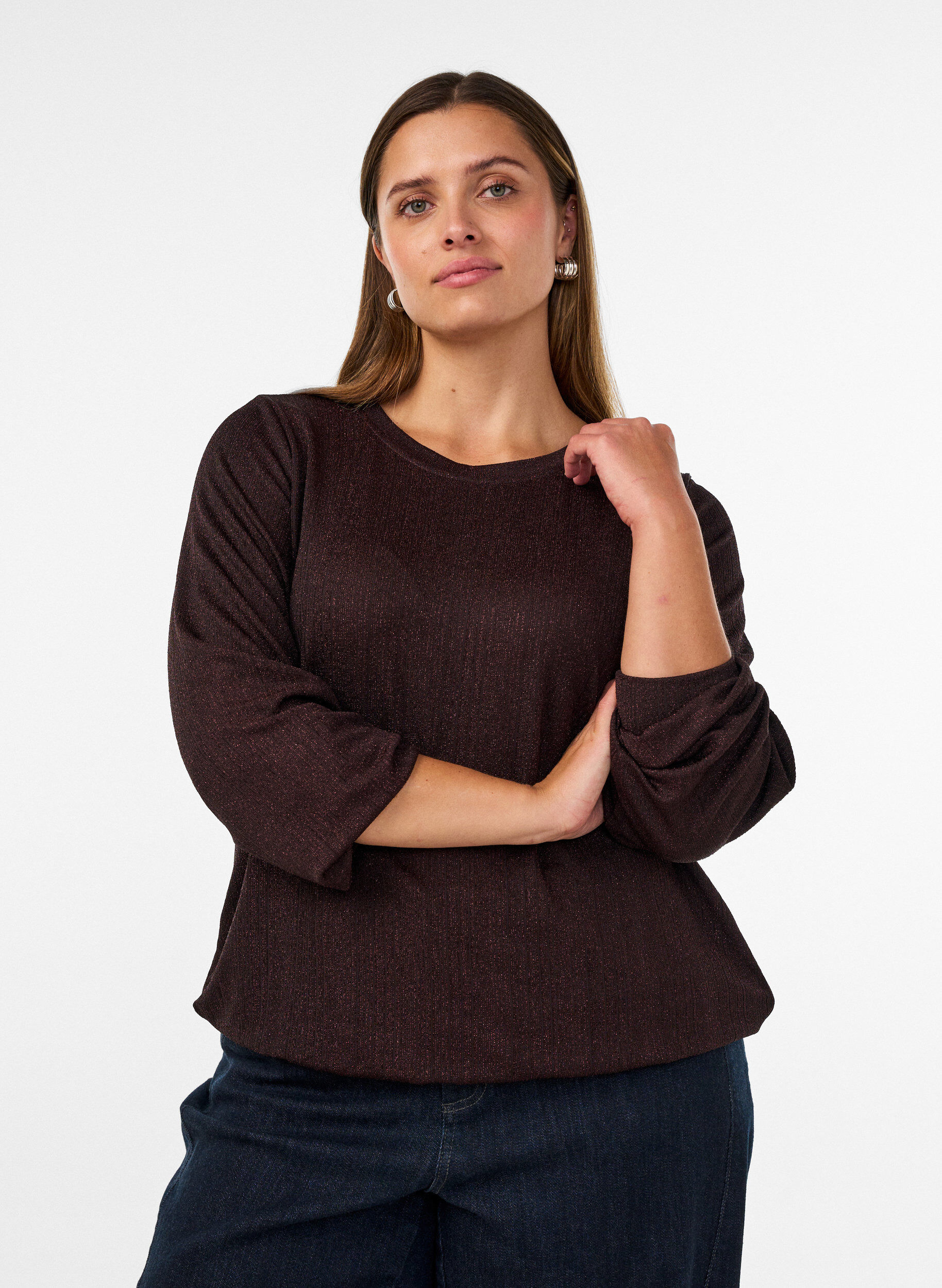 Blus med vertikal struktur och glittertr&aring;d, Brun, Model
