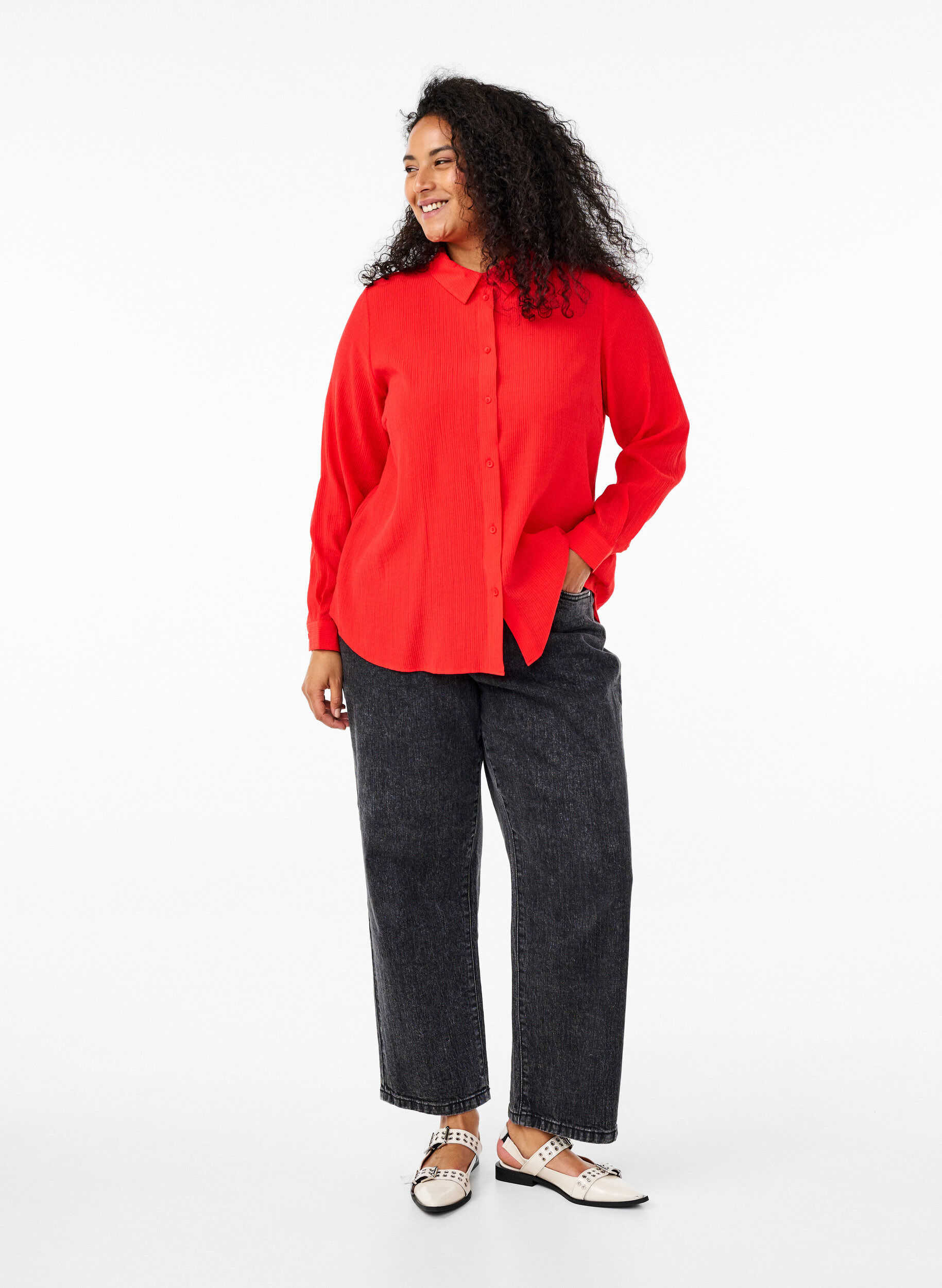 Zizzi Skjorta med randig textur, R&ouml;d, Model image number 1