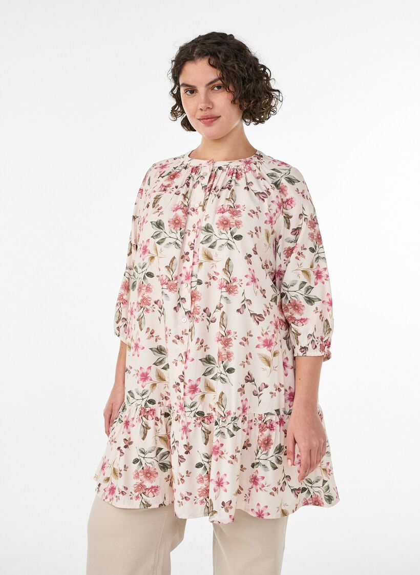 A-linjeformad tunika i viskos med 3/4-&auml;rmar, Vanilla, Model image number 0