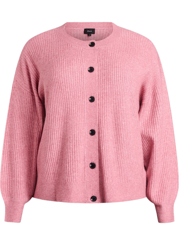 Ribbstickad kofta med knappar, Rosa, Packshot image number 0