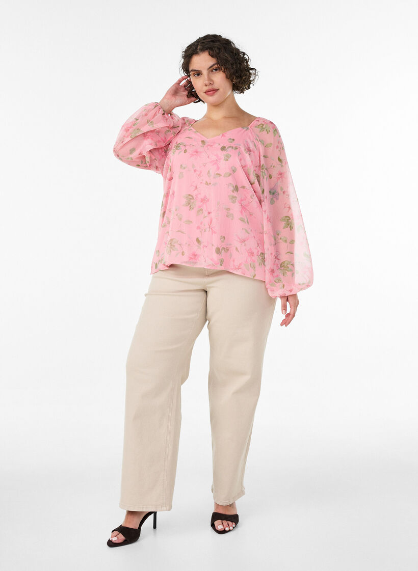 Chiffongblus med blommigt tryck och l&aring;nga &auml;rmar, Rosa, Model image number 1