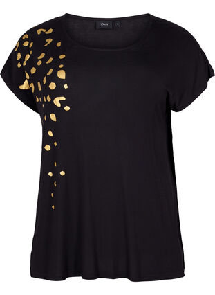 Kortärmad t-shirt i viskos med guldtryck, Black Gold , Packshot image number 0