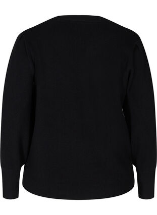 Stickad tröja med ribbat mönster och ballongärmar, Black, Packshot image number 1