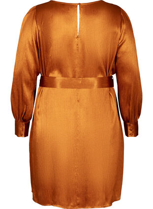 Glansig klänning med bälte och puffärmar, Buckthorn Brown, Packshot image number 1