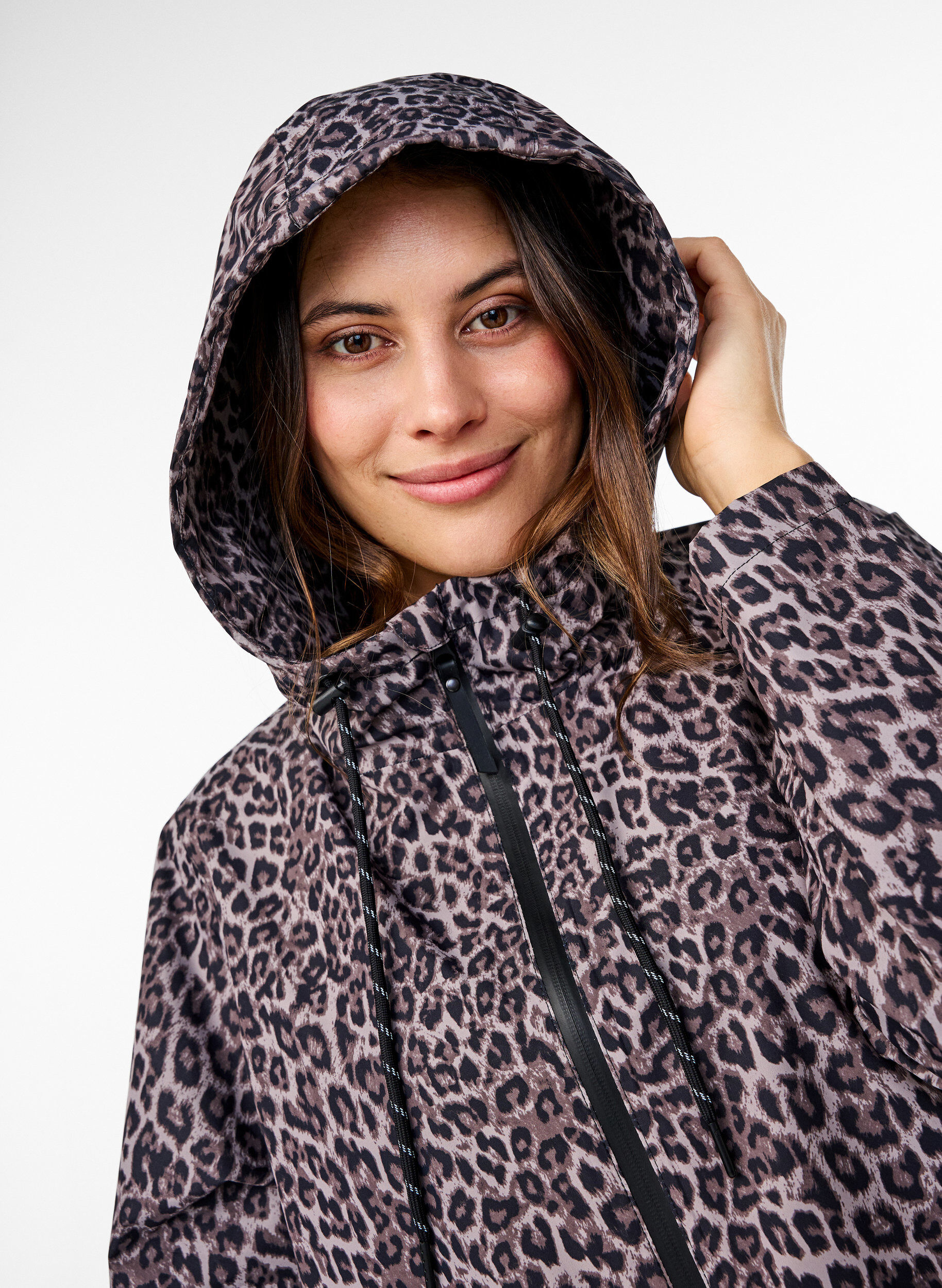 Zizzi Regnkappa med fickor och huva, Brun, Model image number 3