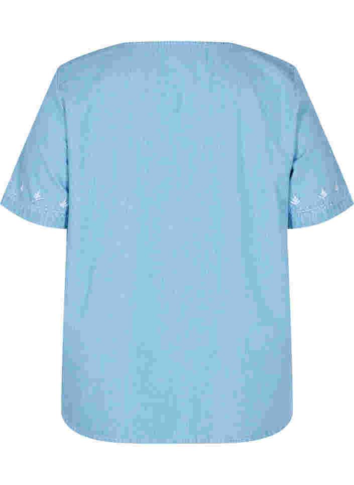 Kortärmad blus med broderi, Light blue denim, Packshot image number 1