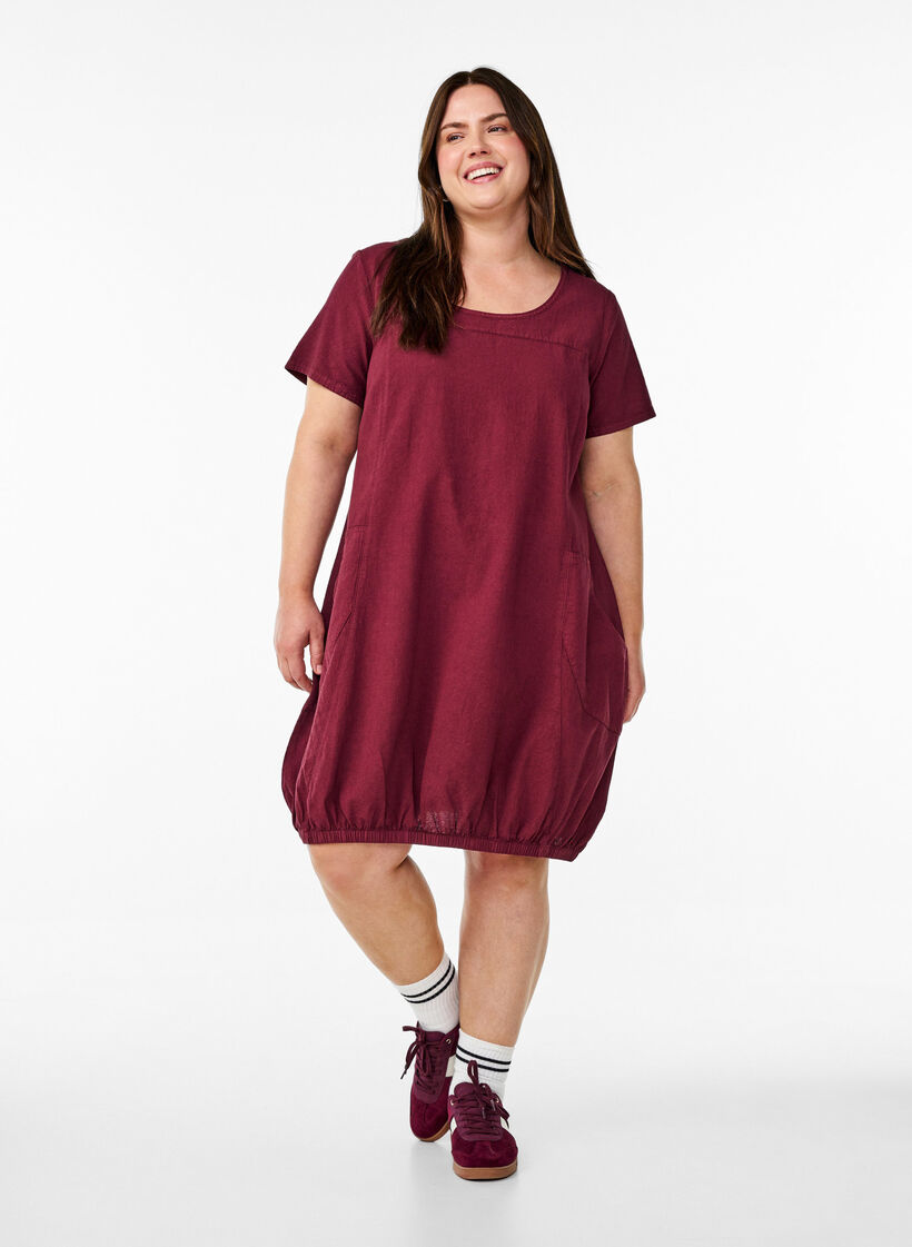 Kort&auml;rmad kl&auml;nning i bomull, M&ouml;rk Bordeaux, Model image number 1