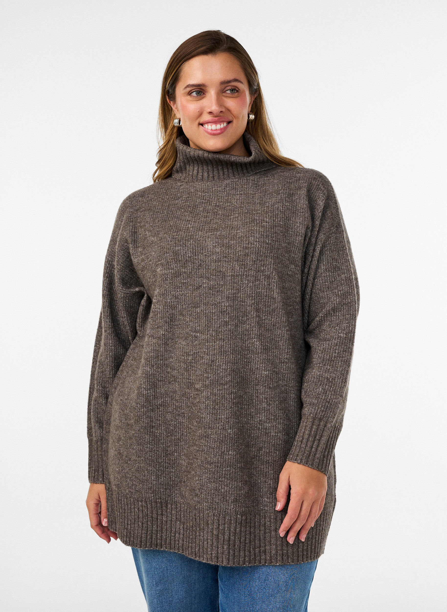 ZizziL&ouml;st stickad tr&ouml;ja med polokrage, Brun, Model image number 0