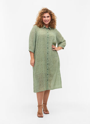 Prickig skjortklänning med 3/4 ärmar och slits, Seagrass Dot, Model image number 0